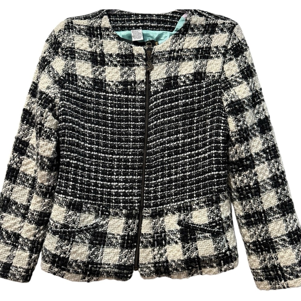 Desigual L Boucle Tweed Check Jacket w/ Printed Satin Lining Zip Front Med